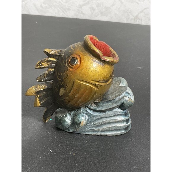 Hand-Carved and Painted Vintage Fish Figurine Vase Decor - Picture 3 of 6